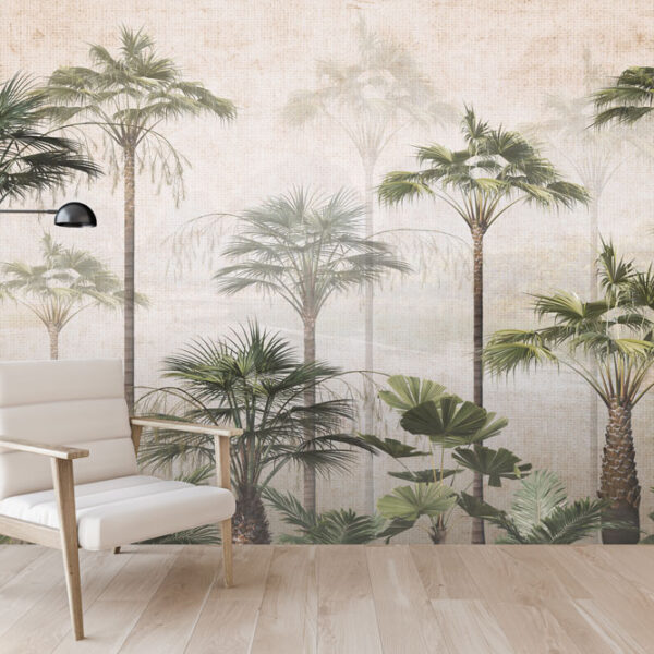 Mural Hudson Forest - This stunning canvas-textured mural transports you to a serene tropical paradise with vintage-inspired