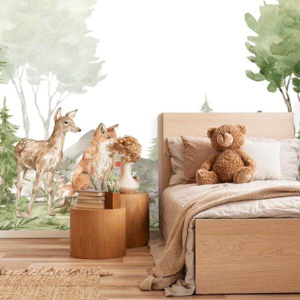 Mural Stien Kids - This enchanting forest mural transports children to a serene woodland scene filled with gentle wildlife,