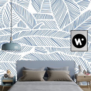 Mural Cobalt veins on white - This stunning mural features intricately detailed cobalt blue palm and fern leaves with