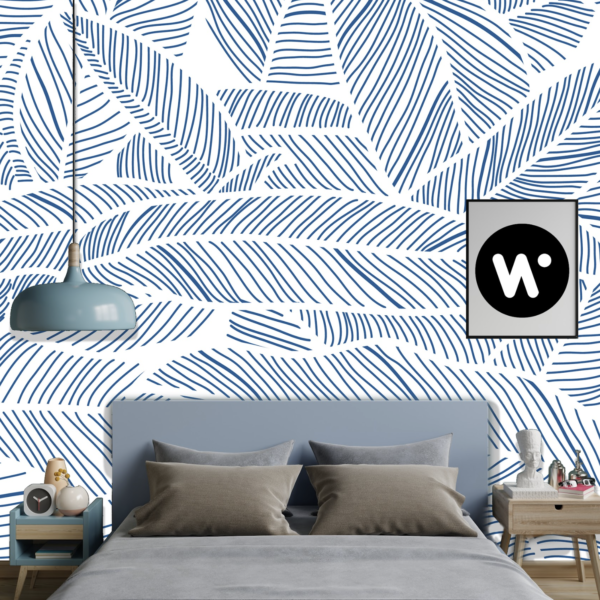Mural Cobalt veins on white - This stunning mural features intricately detailed cobalt blue palm and fern leaves with