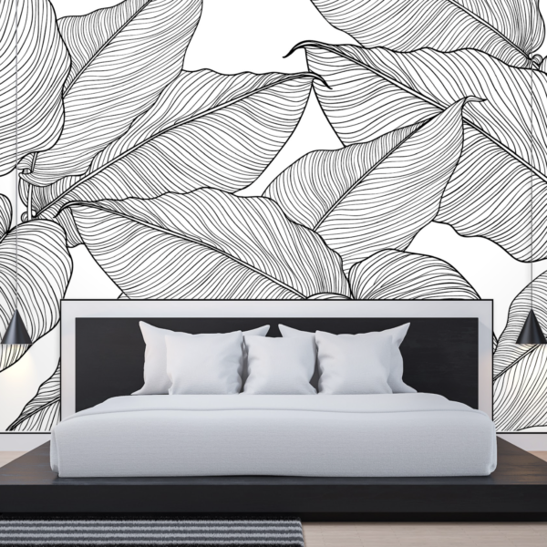 Mural Ink veins on white - This striking botanical mural features intricately detailed leaf veins rendered in bold black ink