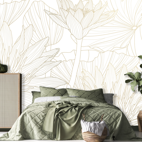 Mural Luxury Lotus Lines - This stunning mural features elegantly illustrated lotus flowers and flowing leaves in delicate