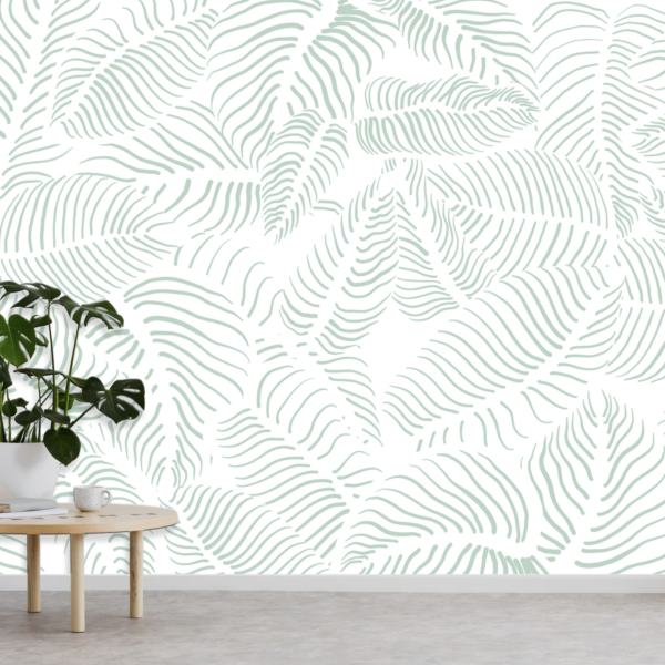 Mural Sage veins on white - This stunning sage green leaf vein mural brings the serene beauty of nature directly into your