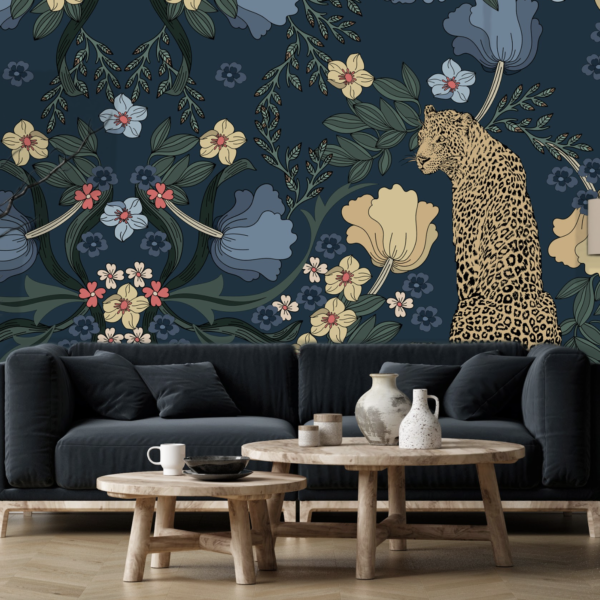 Mural Vintage Leopard & Flowers - This stunning mural combines vintage botanical illustrations with a majestic leopard,