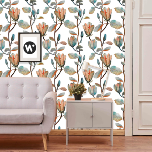 Magnolia Dusk Wallpaper - Magnolia Dusk features hand-painted botanical branches with coral and teal flowers against a soft