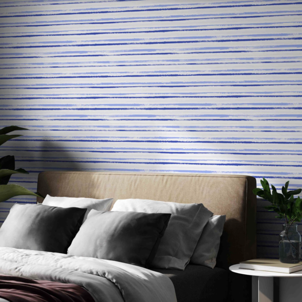 Indigo Gouache Stripes Wallpaper - This striking indigo gouache stripe wallpaper features hand-painted horizontal lines in