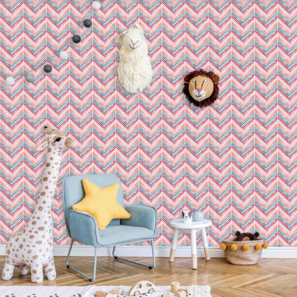 Picnic Gouache Chevrons Wallpaper - This vibrant chevron wallpaper features bold stripes in cheerful pink, coral, and teal