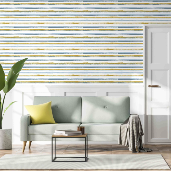 Sailboat Gouache Stripes Wallpaper - This modern striped wallpaper features horizontal lines in soothing blues, golds, and