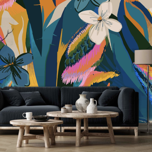 Mural Blue Garden in Bloom - This stunning mural brings a vibrant forest garden to life with hand-painted style florals,