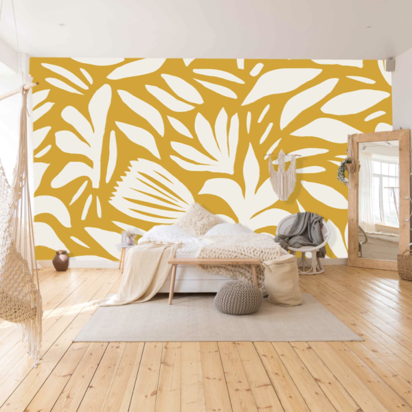 Mural Fynbos in Mustard - Transform your space with this stunning Fynbos botanical mural featuring bold, organic leaf