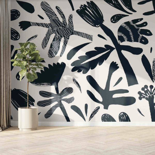 Mural Ink Meadow on Cream - Mural Ink Meadow on Cream is a stunning botanical mural featuring hand-drawn leaves and organic