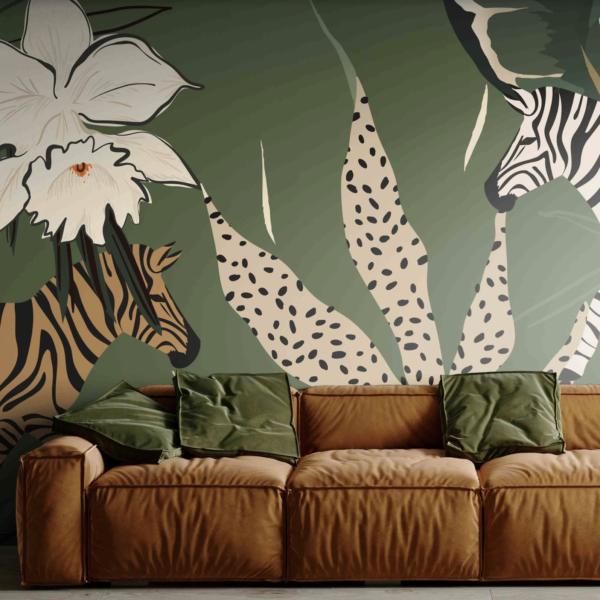 Mural Lily & Stripes - This stunning forest-inspired mural brings wild elegance indoors with hand-drawn illustrations of