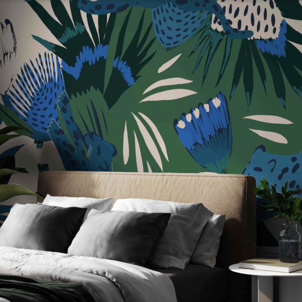 Mural Protea Pounce in Blue - Mural Protea Pounce in Blue showcases a stunning hand-drawn botanical composition with vibrant