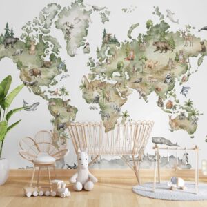 Mural Animal Kingdom Map - This charming animal kingdom world map mural transforms any space into an adventurous,