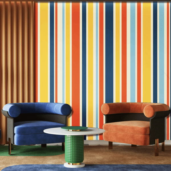 Mural Retro Stripes - This vibrant retro stripe mural brings mid-century modern energy to any space with its bold palette of