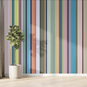 Vintage Stripes wall mural with bold hand-painted stripes in teal, magenta, and pastels across a kids' room — Wallpaper Online Canada