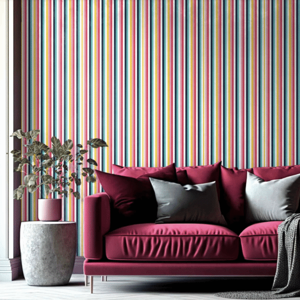 Candy Stripes Wallpaper - Transform any space with vibrant vertical stripes in cheerful pinks, yellows, and navy blues that
