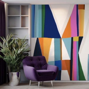 Mural Radiant Coral Geometry - This vibrant abstract mural transforms any space with its dynamic geometric shapes and bold