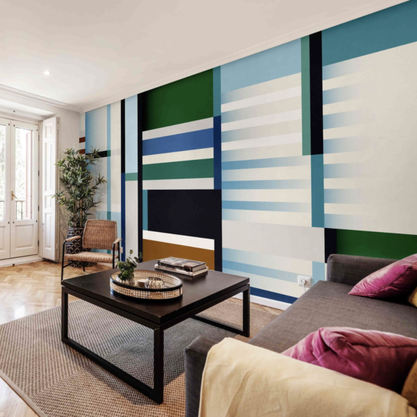 Mural Rustic River Ripples - This contemporary geometric mural features bold horizontal stripes in soothing teals, forest
