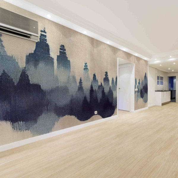 Mural Azure Wooded Towers - This stunning mural features an abstract cityscape rendered in deep navy and charcoal tones