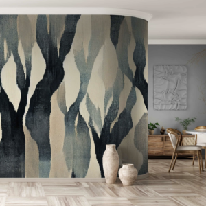 Mural Mystical Woodland - This striking abstract mural features dynamic vertical brushstrokes in charcoal, teal, and cream,