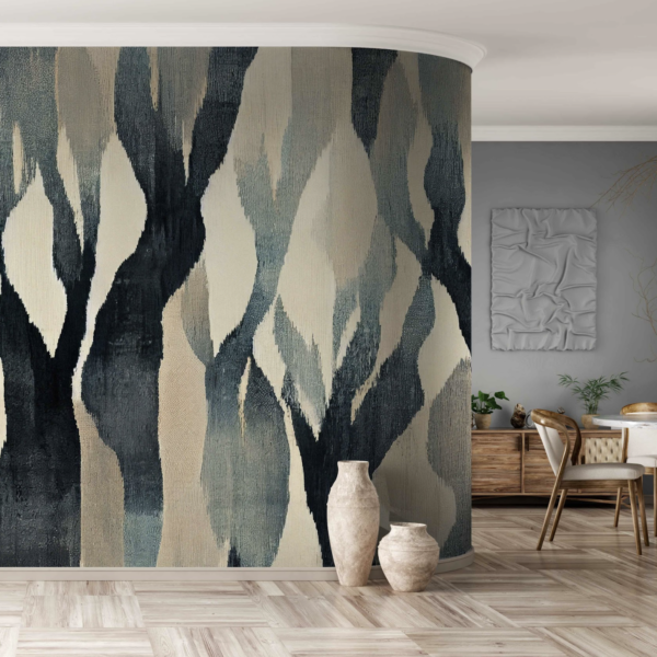 Mural Mystical Woodland - This striking abstract mural features dynamic vertical brushstrokes in charcoal, teal, and cream,