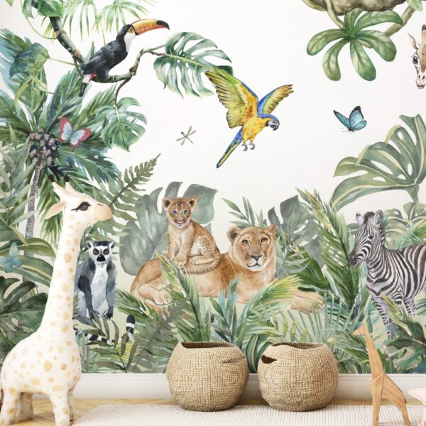 Mural Majestic Jungle Encounter - This enchanting jungle mural transports you to a lush tropical paradise, featuring a