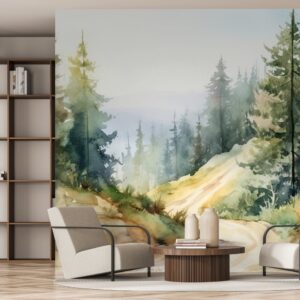 Mural Alpine Retreat - This stunning Alpine Retreat mural transports you to a misty forest landscape with layered evergreen