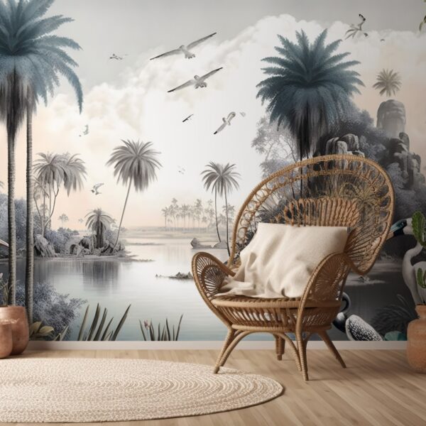 Mural Birds of the Oasis - This enchanting mural transports you to a tranquil oasis with majestic palm trees, graceful