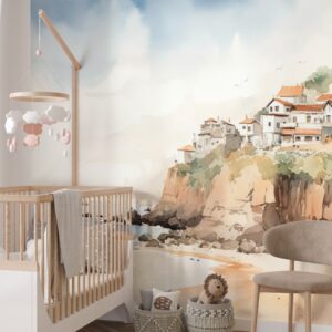 Mural Coastal Village - This enchanting coastal village mural transports you to a serene watercolour dreamscape with