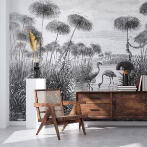 Mural Flamingo Ensemble Sketch - This stunning mural features a meticulously sketched tropical wetland scene with elegant