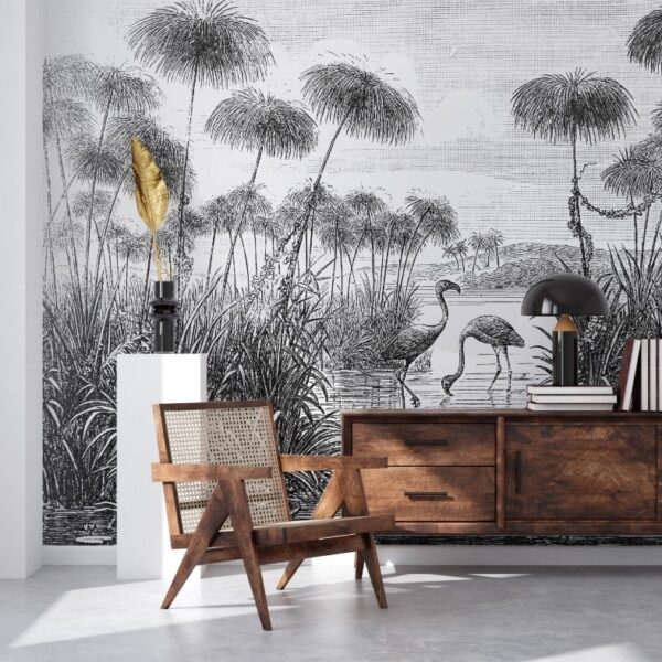 Mural Flamingo Ensemble Sketch - This stunning mural features a meticulously sketched tropical wetland scene with elegant