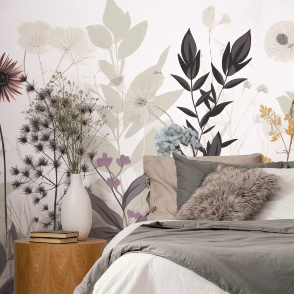 Mural Floral Whispers - This ethereal botanical mural features delicate hand-drawn flowers and foliage in soft neutrals and