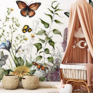 Mural Kaleidoscope of Butterflies - This enchanting mural brings a garden of delicate butterflies and botanical elements to