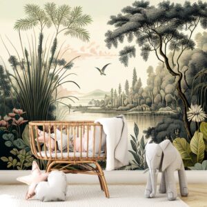 Mural Lake of Nostalgia - Transport yourself to a serene lakeside paradise with this enchanting vintage-inspired mural