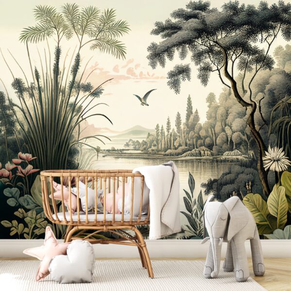 Mural Lake of Nostalgia - Transport yourself to a serene lakeside paradise with this enchanting vintage-inspired mural