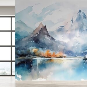Mural Misty Peaks - Misty Peaks is a breathtaking watercolour mural depicting snow-capped mountains reflected in a tranquil