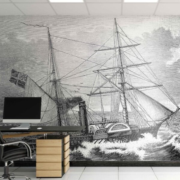 Mural Nautical Heritage Sketch - This stunning nautical heritage mural captures a beautifully detailed 19th-century paddle