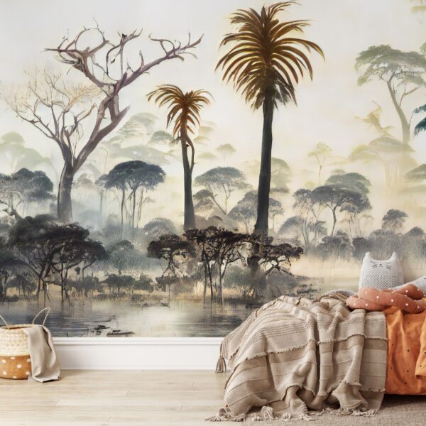 Mural Safari Bliss in Africa - Escape to the misty African savanna with this stunning forest mural that captures the serene
