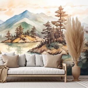 Mural Sylvan Lakes - This stunning Sylvan Lakes mural transports you to a serene mountain landscape with misty peaks,