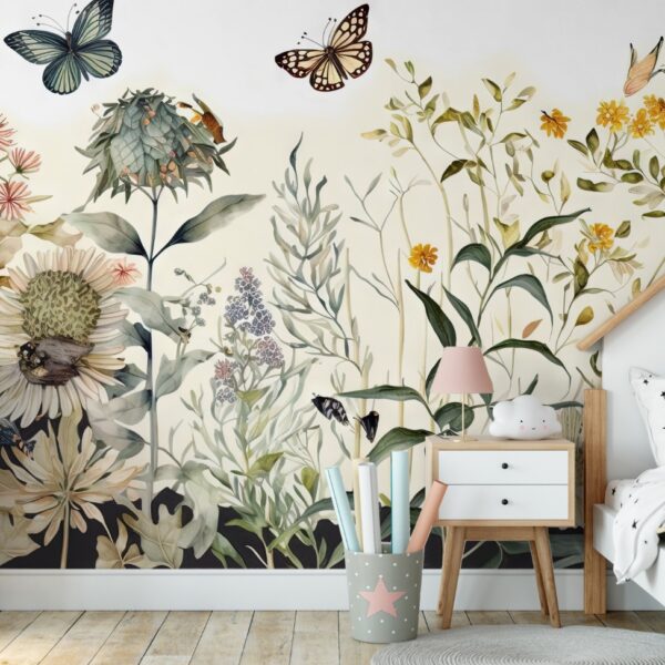 Mural Whimsical Meadow Paradise - This enchanting mural transports little ones to a dreamy meadow filled with watercolor