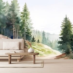 Mural Whispering Pines - Whispering Pines transports you to a tranquil alpine forest with watercolour-painted coniferous