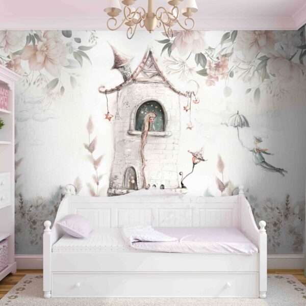 Mural Princess Tower - This enchanting mural features a whimsical fairytale tower adorned with delicate floral elements,