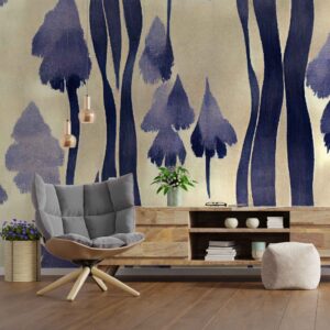 Mural Tranquil Hues - This stunning abstract forest mural features ethereal silhouettes of pine trees rendered in rich navy