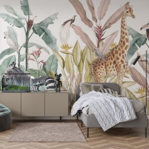 Mural Tropical Animal Paradise - This stunning tropical mural brings a serene safari scene to life with intricately