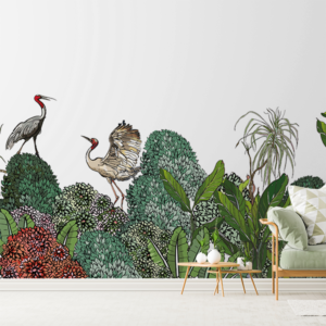 Mural Dancing Cranes in Paradise - This stunning forest mural features elegantly illustrated cranes dancing among lush