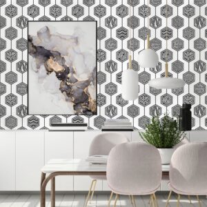 Peel and stick wallpaper of ethnic patterns in black on a white background.