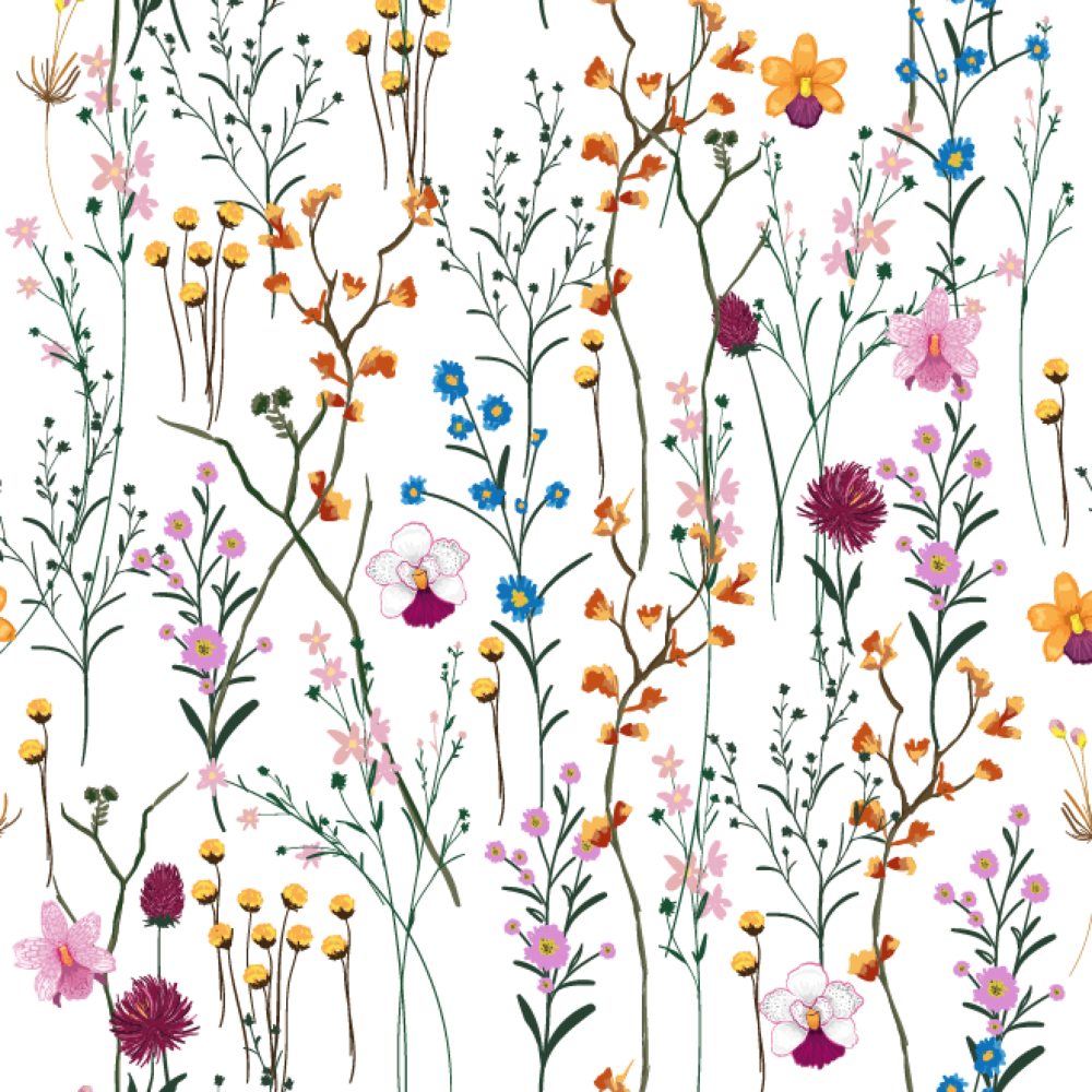 Peel and stick wallpaper of flowers on a white background. Available from Wallpaper Online Canada.