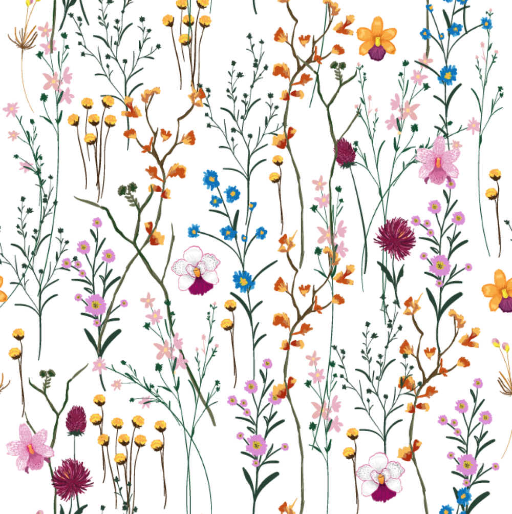 Peel and stick wallpaper of flowers on a white background. Available from Wallpaper Online Canada.