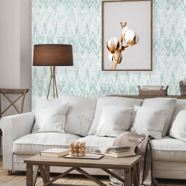 Peel and stick wallpaper of grassweave pattern in teal or turquoise on white.